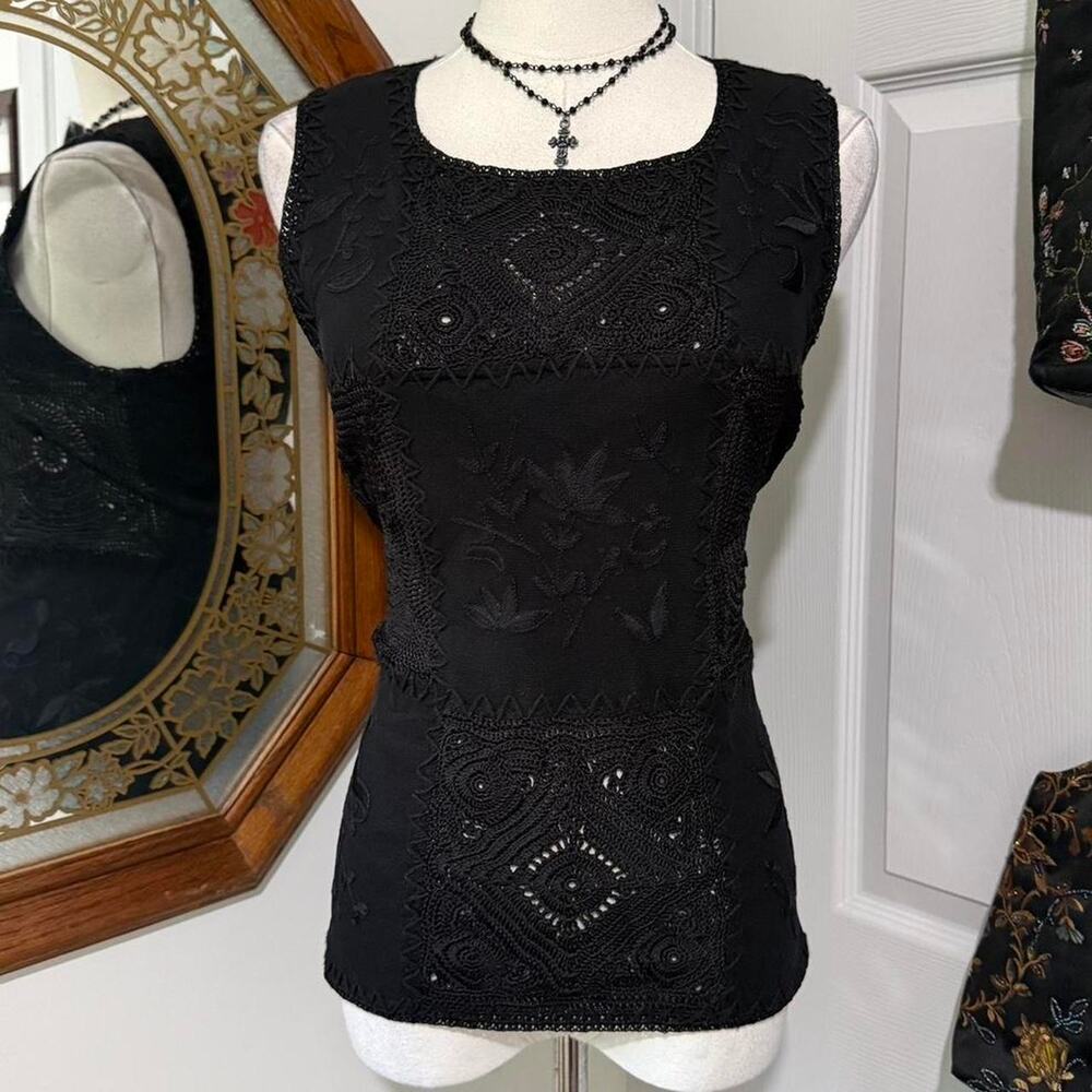 VTG Y2K Chico's Design Black Knit Linen & Cotton Blend Patchwork Whimsy Tank Top